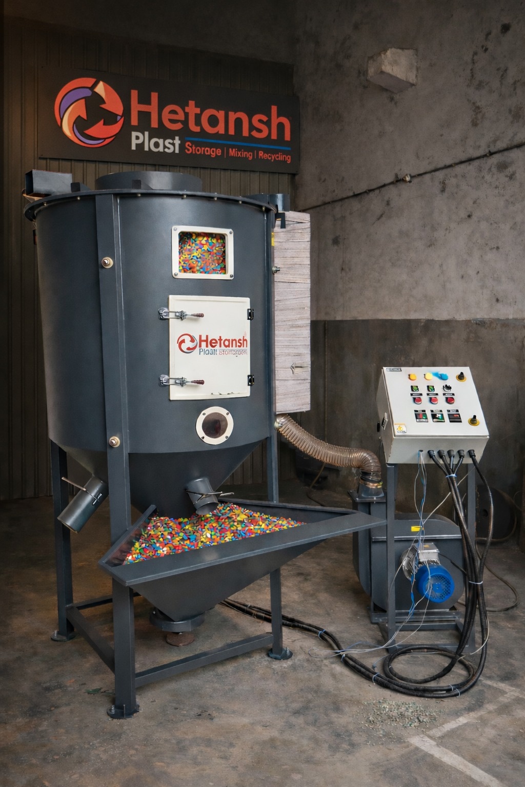 Plastic Granules Mixer Machine, Plastic Granules mixer dryer machine, Vertical Plastic mixer machine, Plastic mixer dryer Machine, Plastic mixer with heater machine, Vertical Mixer Machine