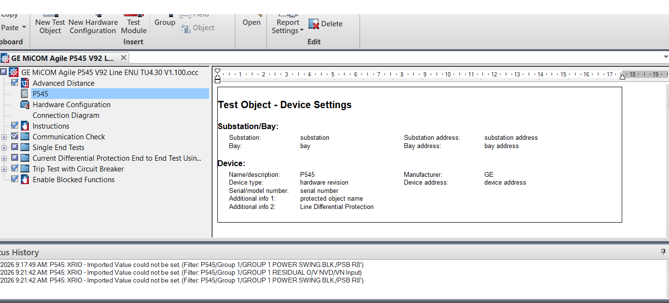 Relay-specific engineering interpretation messages displayed during import of the Second Field Sample.