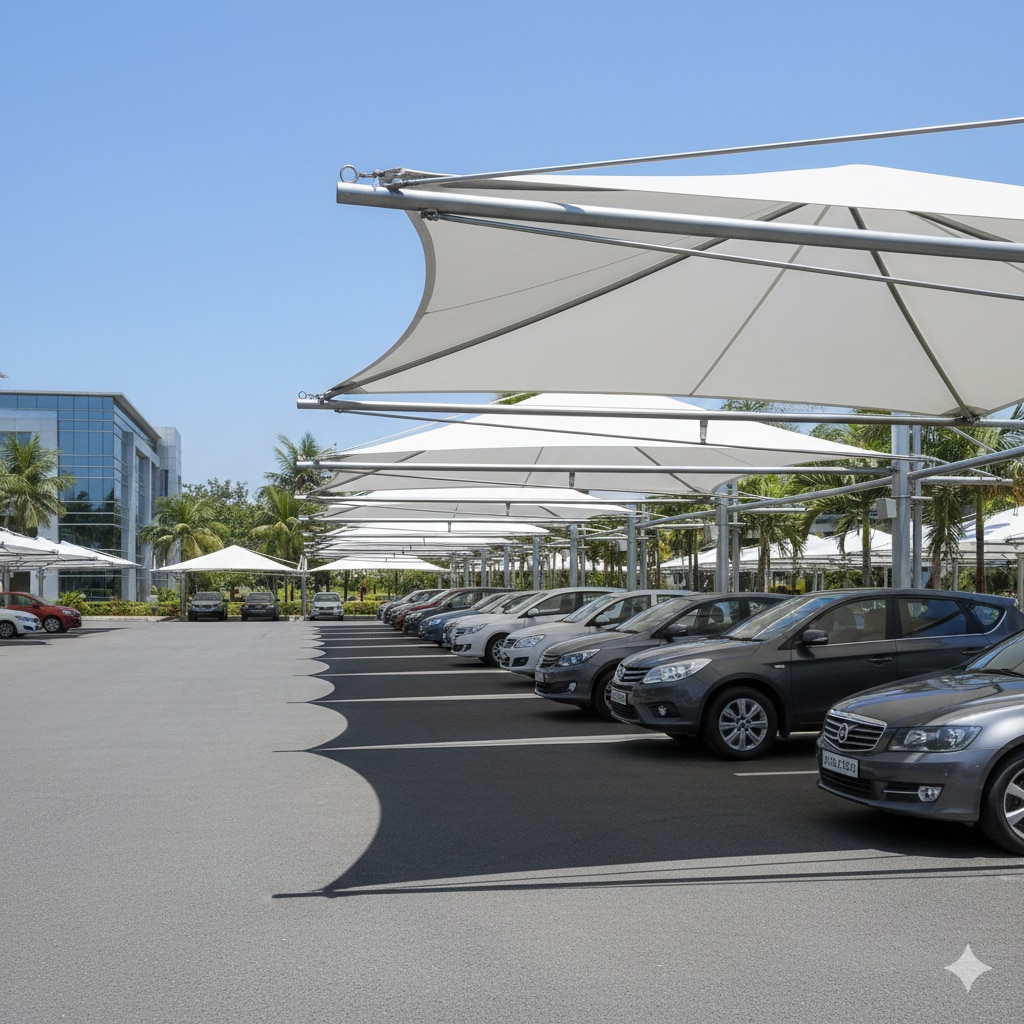 Wide-span multi-bay tensile parking canopy with interconnected hyperbolic PTFE fabric sails supported by galvanized steel pillars, shading multiple cars at a corporate office complex in Nagpur under bright midday sun.