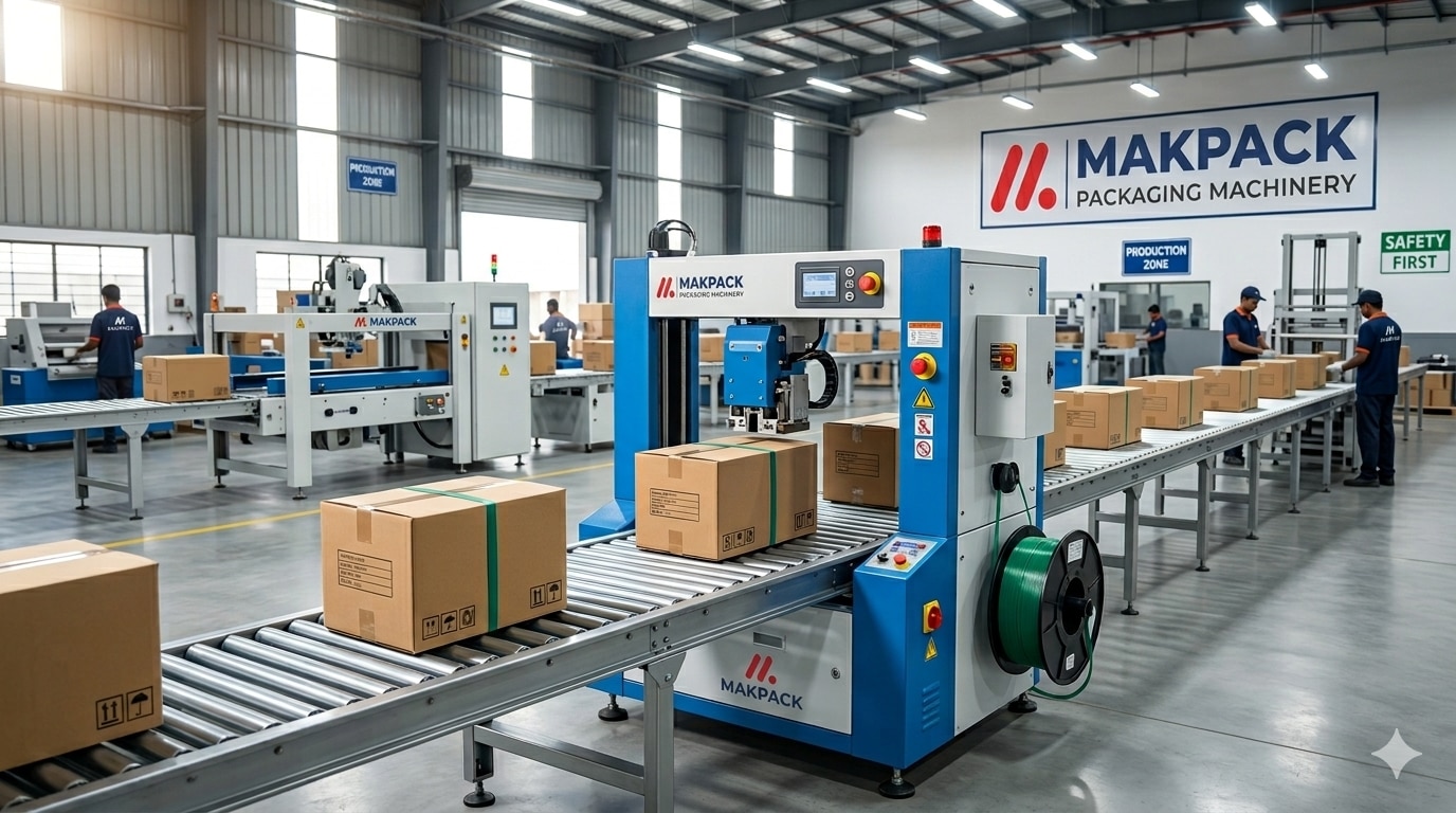 A wide-angle, photorealistic industrial shot of a modern, clean packaging facility. In the foreground, a blue and white MAKPACK Packaging Machinery automatic strapping machine is integrated into a roller conveyor belt, securing a cardboard carton with green strapping. The MAKPACK logo is prominently featured on a large wall banner in the background and on the side of the machinery. Workers in dark blue uniforms are visible in the distance managing other parts of the production line under bright, overhead industrial lighting. The environment is organized and efficient, reflecting a high-tech manufacturing setting in Ahmedabad.