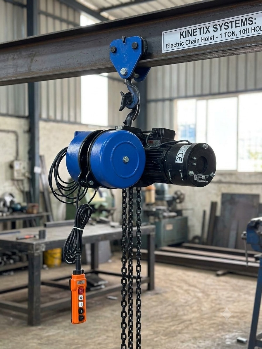Kinetix Systems 1 ton electric chain hoist 10ft height of lift and industrial lifting equipment supplier in Vadodara, Makarpura GIDC, Savli, Halol, Ankleshwar, Dahej SEZ, Ahmedabad, and Surat Gujarat.
