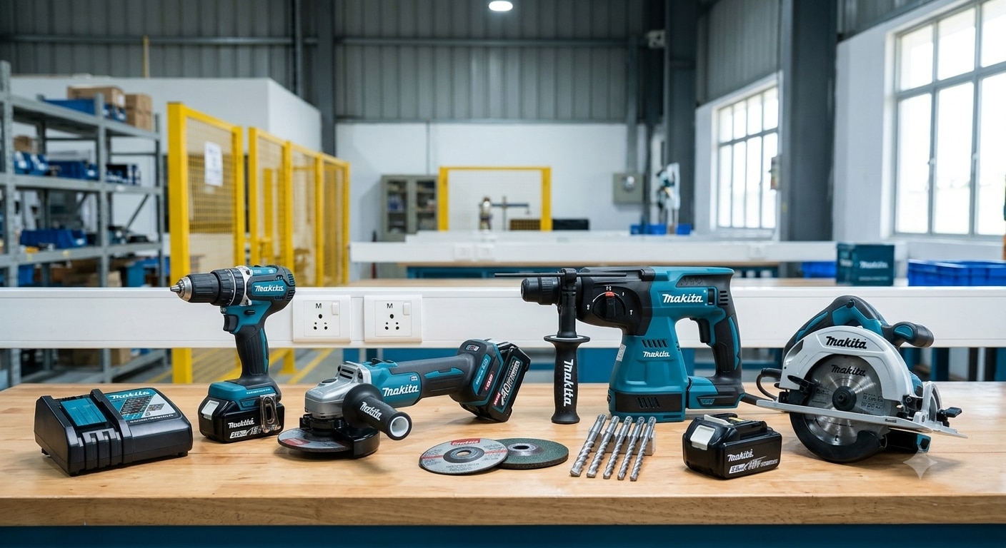 Kinetix Systems Makita power tools cordless drill hammer angle grinder and YURI abrasives cutting wheels supplier in Vadodara, Makarpura GIDC, Savli, Halol, Ankleshwar, Dahej SEZ, Ahmedabad, and Surat Gujarat.