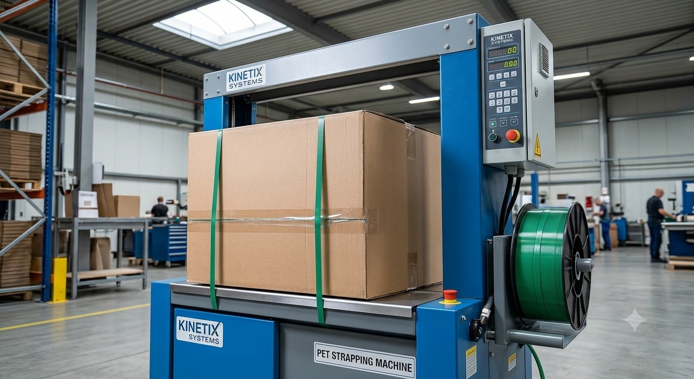 Kinetix Systems heavy duty automatic arch PET strapping machine and industrial packaging equipment supplier in Vadodara, Makarpura GIDC, Savli, Halol, Ankleshwar, Dahej SEZ, Ahmedabad, and Surat Gujarat.