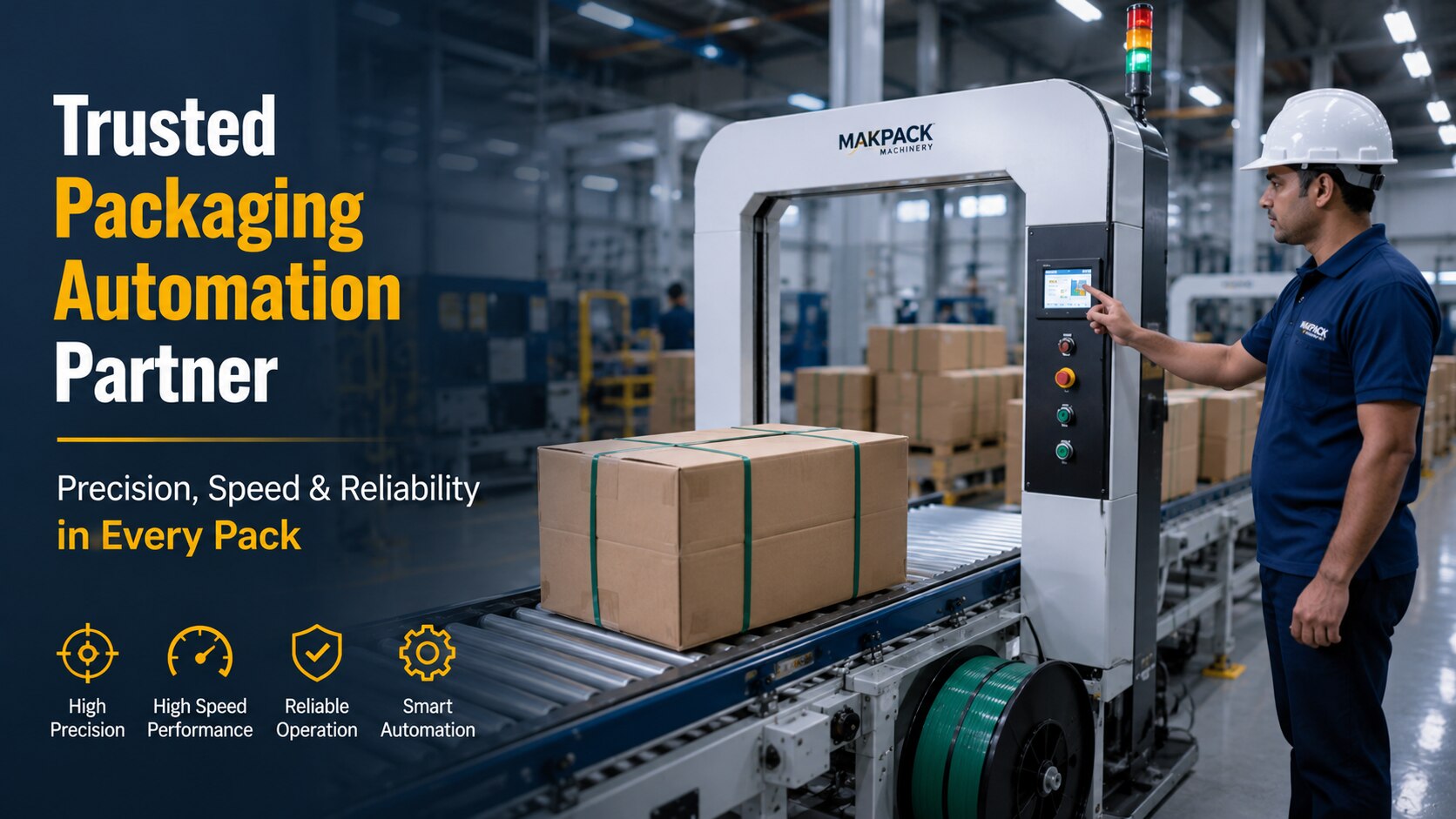 Automatic strapping machine in operation inside an industrial warehouse, with an engineer inspecting the control panel while cartons are securely strapped on a conveyor, representing precision packaging automation and reliable end-of-line performance.