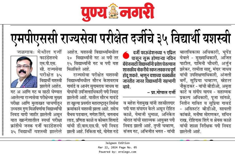 एमपीएससी राज्यसेवा परीक्षेत दर्जी फाउंडेशनचे ३५ विद्यार्थी यशस्वी 