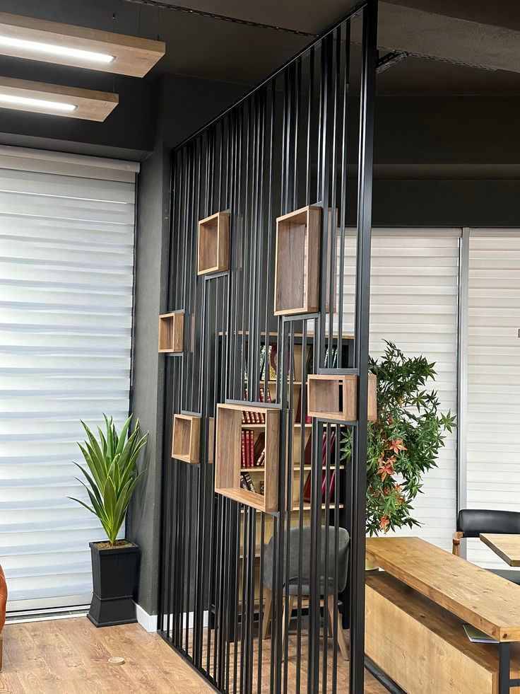Modern Black Metal Grid Partition with Teal Circular Accents | Kanchipuram image 3