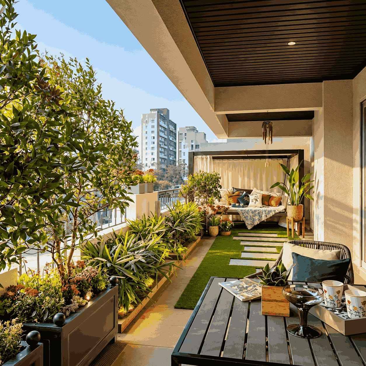 Tropical Balcony Garden Design with Wooden Deck and City View | Porur image 2