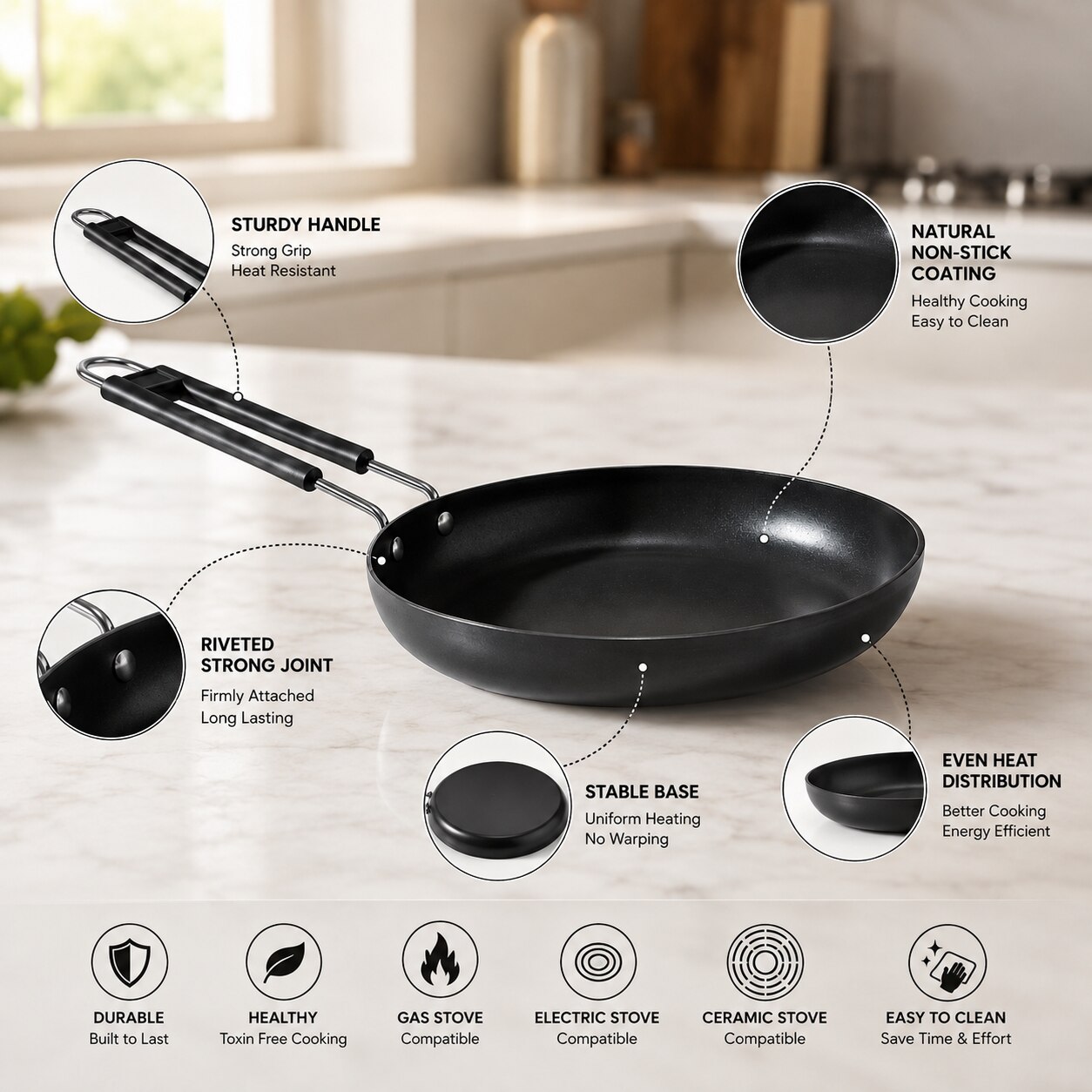 Daacchi Medium Iron Frying Pan for Frying, Roasting & Daily Cooking – Black image 2