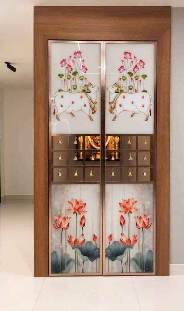 Designer Pooja Unit with Carved Arch and Illuminated Display Cabinets | Anna Nagar image 2