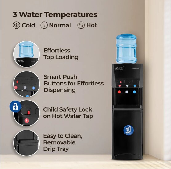 ATLANTIS BLAQUE | Smart Push Buttons | Hot, Normal & Cold Water | 3L/hour Cooling Capacity | 1 Year Warranty | Child Safety Lock | Top Loading image 4