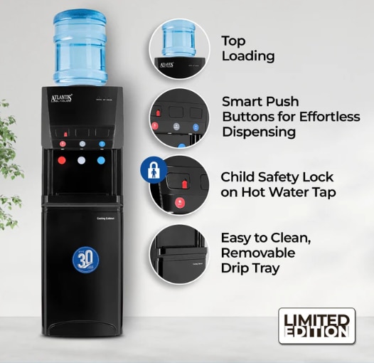 ATLANTIS BLAQUE | 18L Cooling Cabinet | Smart Push Buttons | Hot, Normal & Cold Water | 2.5L/hour Cooling Capacity | 1 Year Warranty | Top Loading image 2