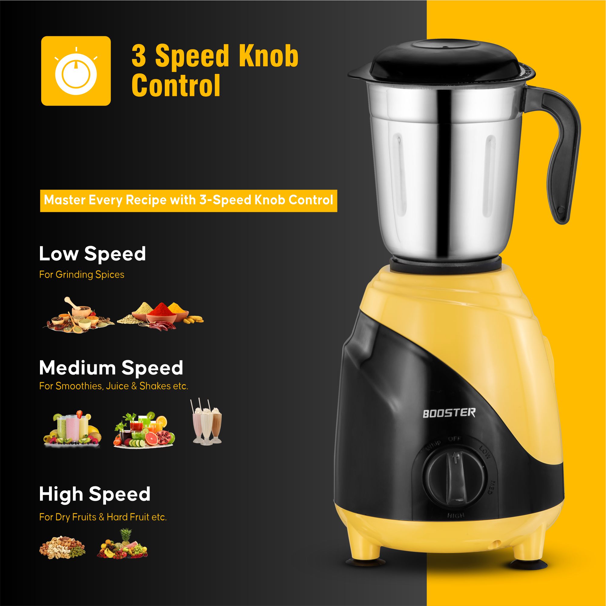 BOOSTER Ciko_Mixer 550W Juicer Mixer Grinder, 3 Jars, Yellow & Black, Powerful Motor for Blending, Grinding, and Juicing image 3