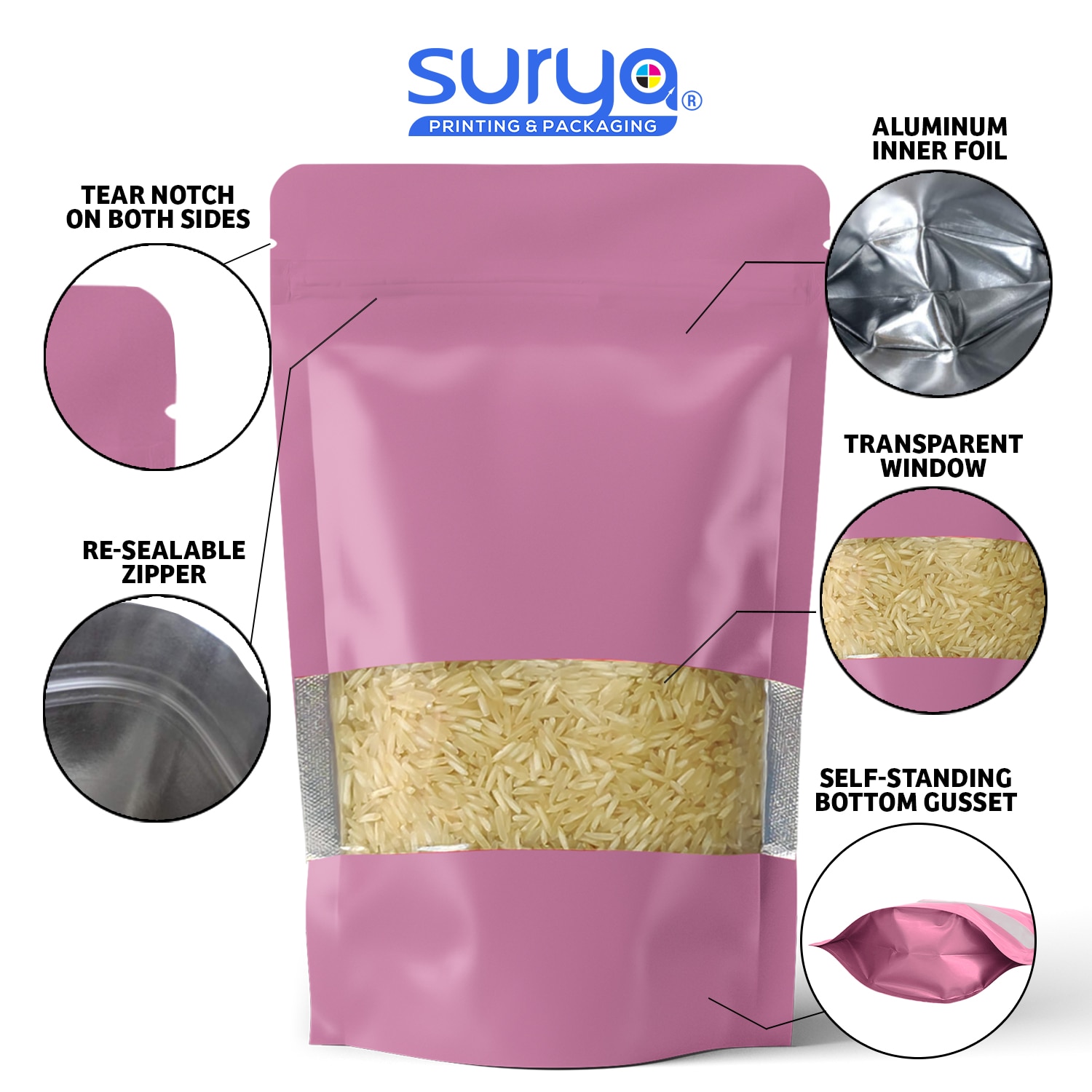 Pink Color Matte Finish transparent window Ziplock Inner Foil Stand-Up Pouch image 2