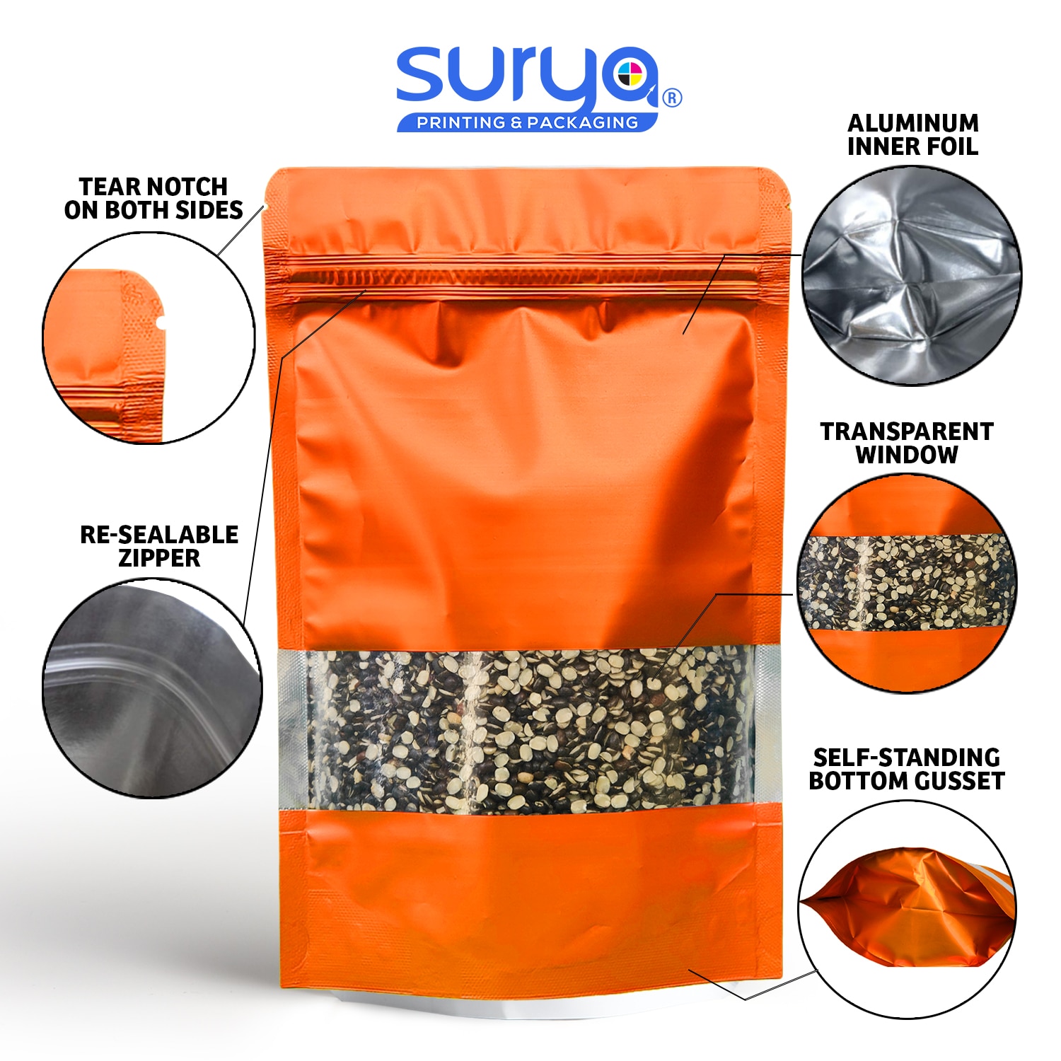 Orange Color Matte Finish transparent window Ziplock Inner Foil Stand-Up Pouch image 2