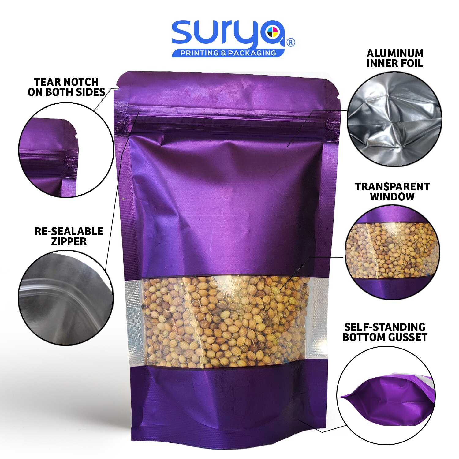 Purple Color Matte Finish transparent window Ziplock Inner Foil Stand-Up Pouch image 2