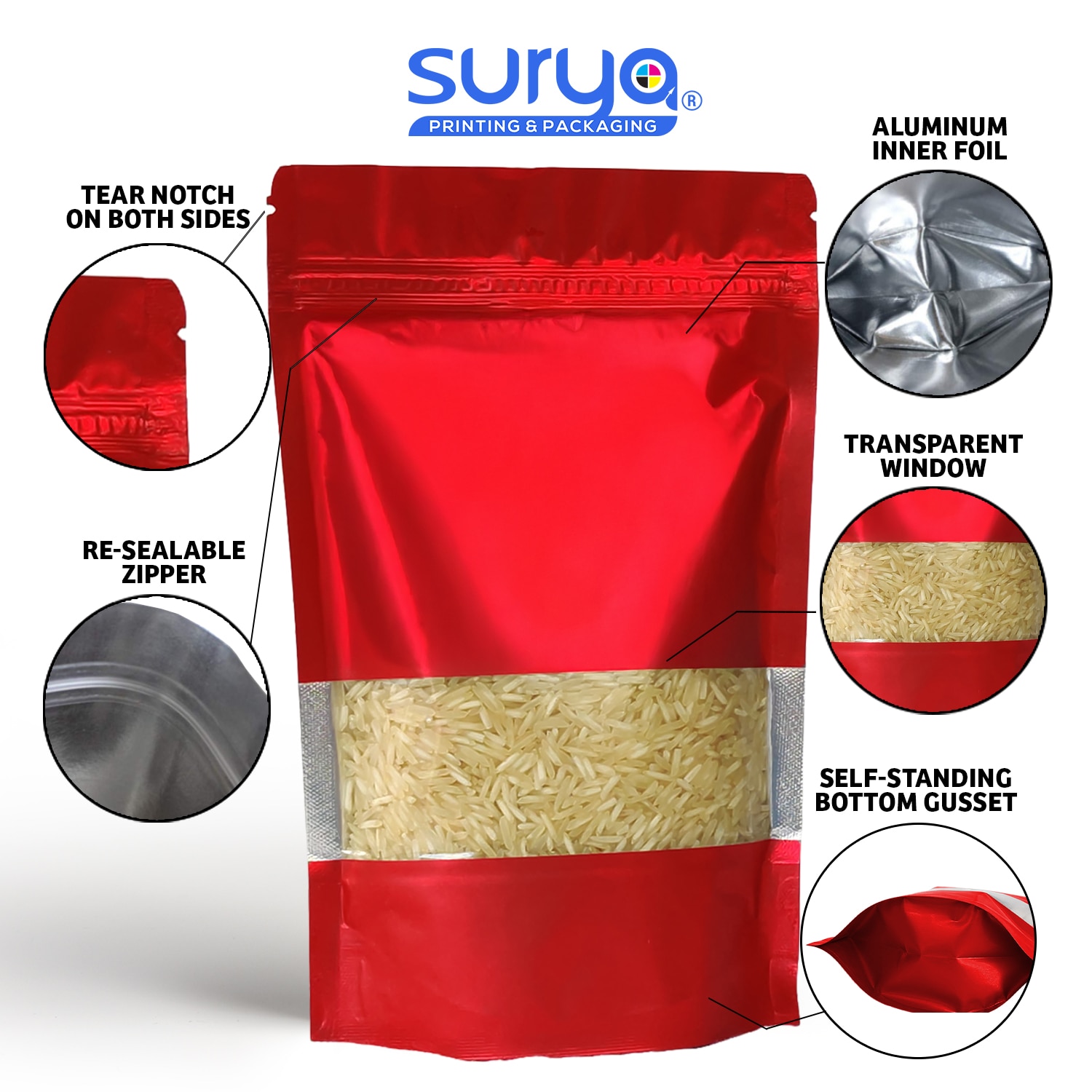 Red Color Matte Finish transparent window Ziplock Inner Foil Stand-Up Pouch image 2