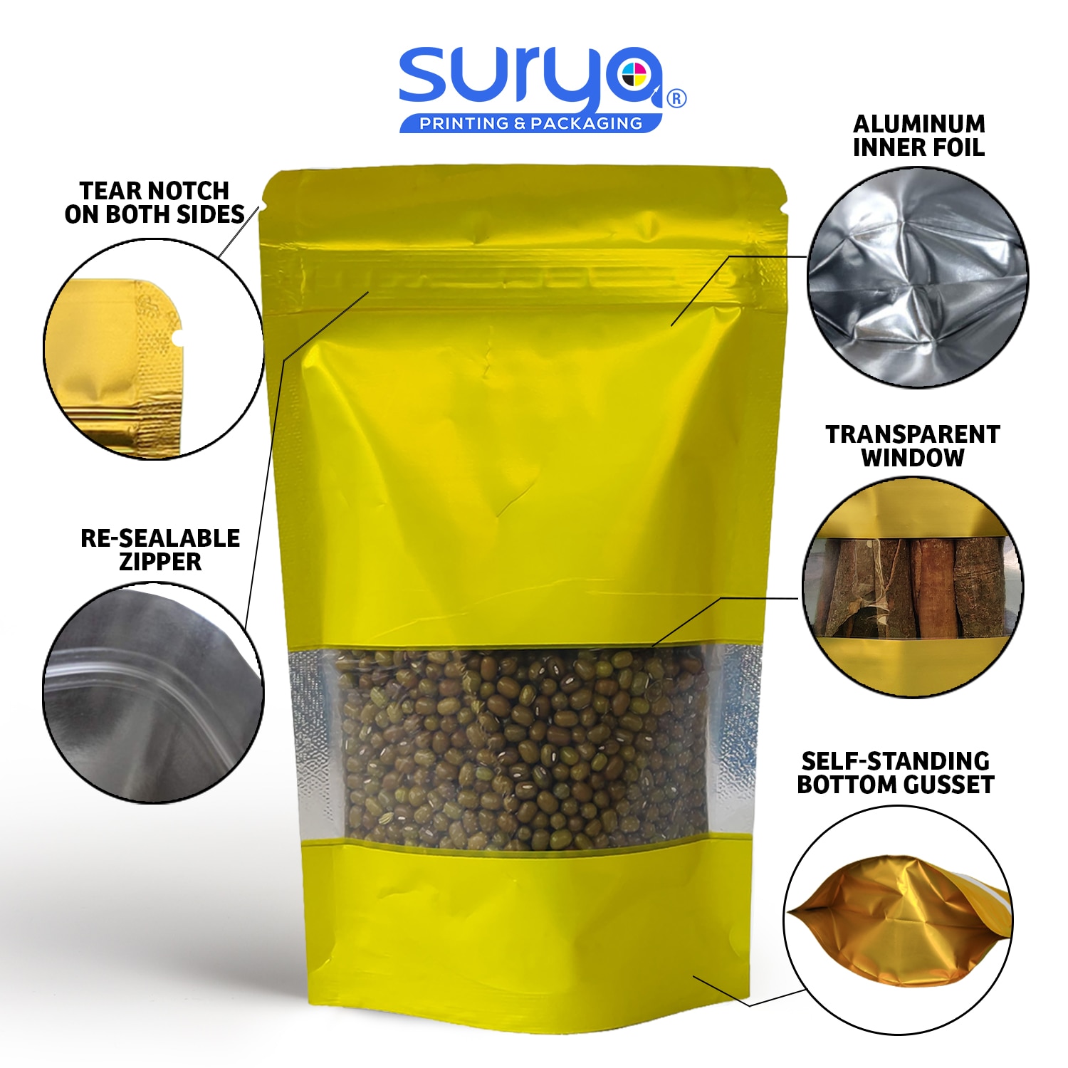 Yellow Color Matte Finish transparent window Ziplock Inner Foil Stand-Up Pouch image 2