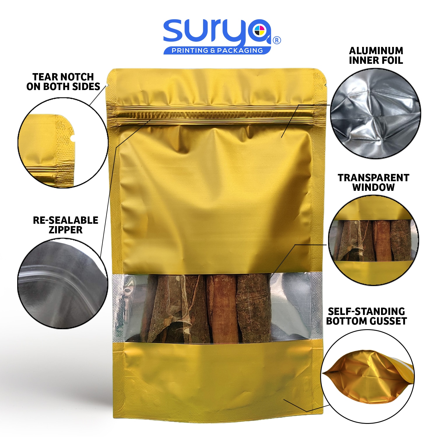 Gold Color Matte Finish transparent window Ziplock Inner Foil Stand-Up Pouch image 2