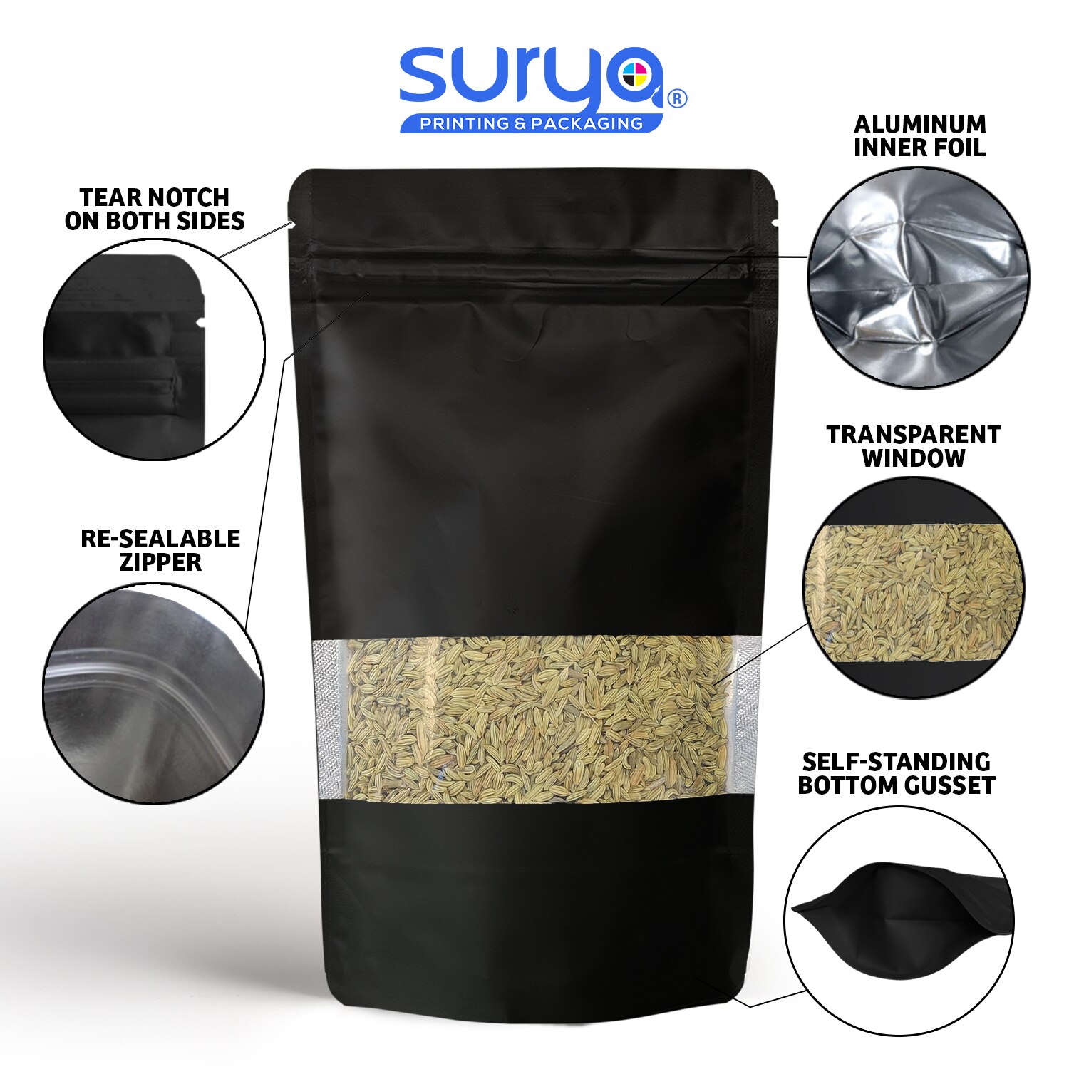 Black Color Matte Finish transparent window Ziplock Inner Foil Stand-Up Pouch image 2