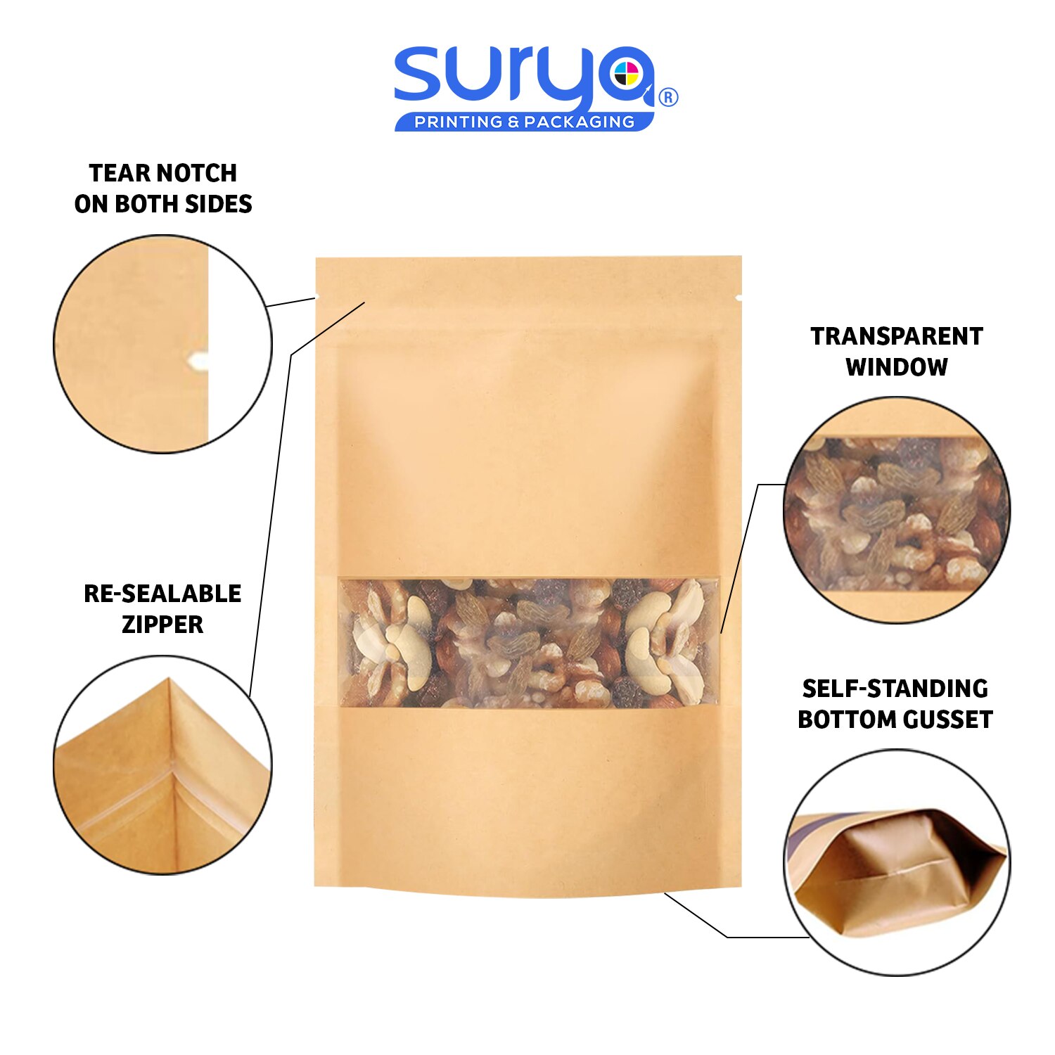 Kraft transparent window Ziplock Inner Foil Stand-Up Pouch image 2
