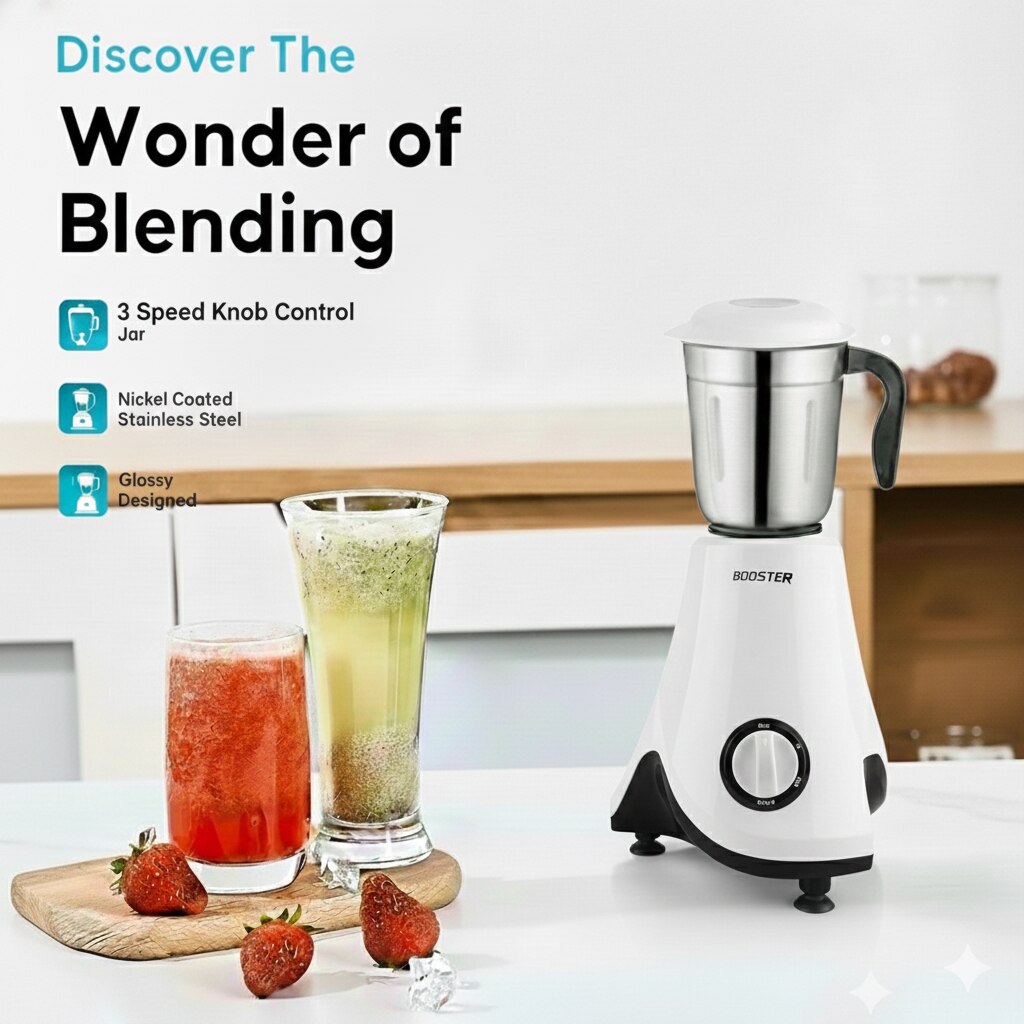 BOOSTER Powerful Juicer Mixer Grinder 750 W (Leaf_4Jar_Black & White | 4 Jars | Black, White) image 3