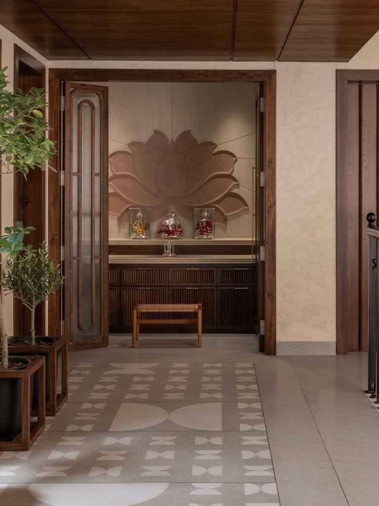 Premium Pooja Room Design with Fluted Glass Doors and Brass Bell Detailing | Porur image 2