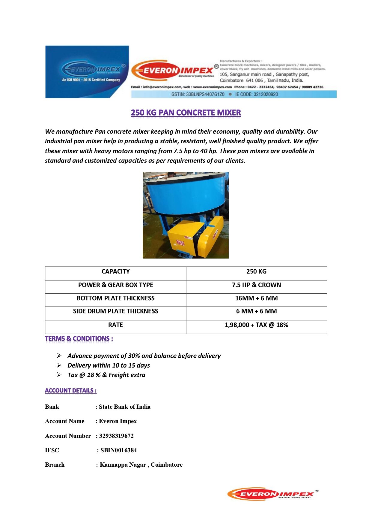 PAN Mixer – 250 kg Manufacturers in Coimbatore image 2