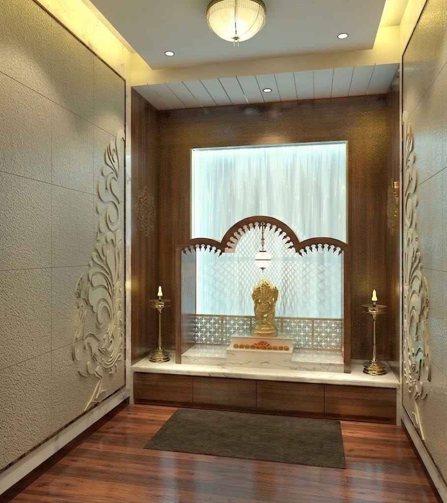 Designer Pooja Unit with Carved Arch and Illuminated Display Cabinets | Anna Nagar image 3