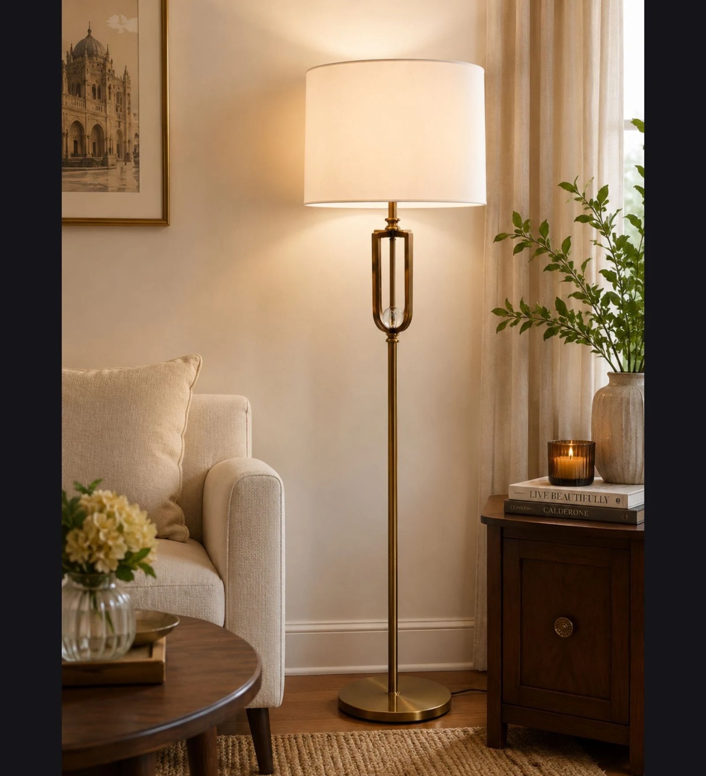 Modern Gold Floor Lamp with Fabric Shade image 3