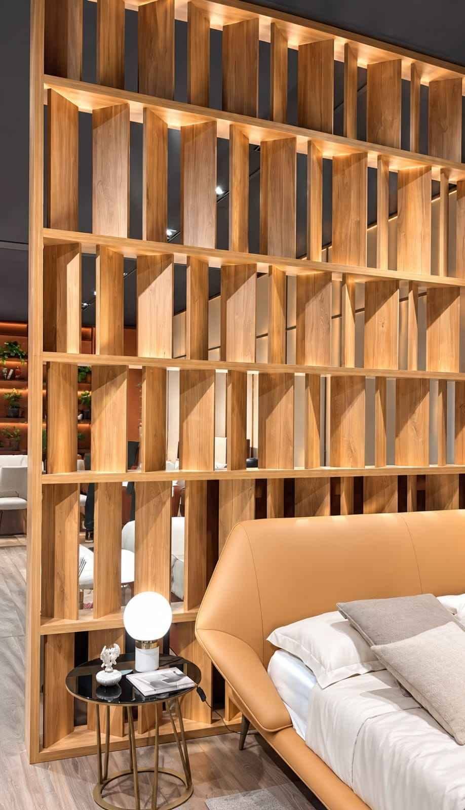 Modern Wooden and White Geometric Partition with Green Sofa Seating | Tambaram image 3
