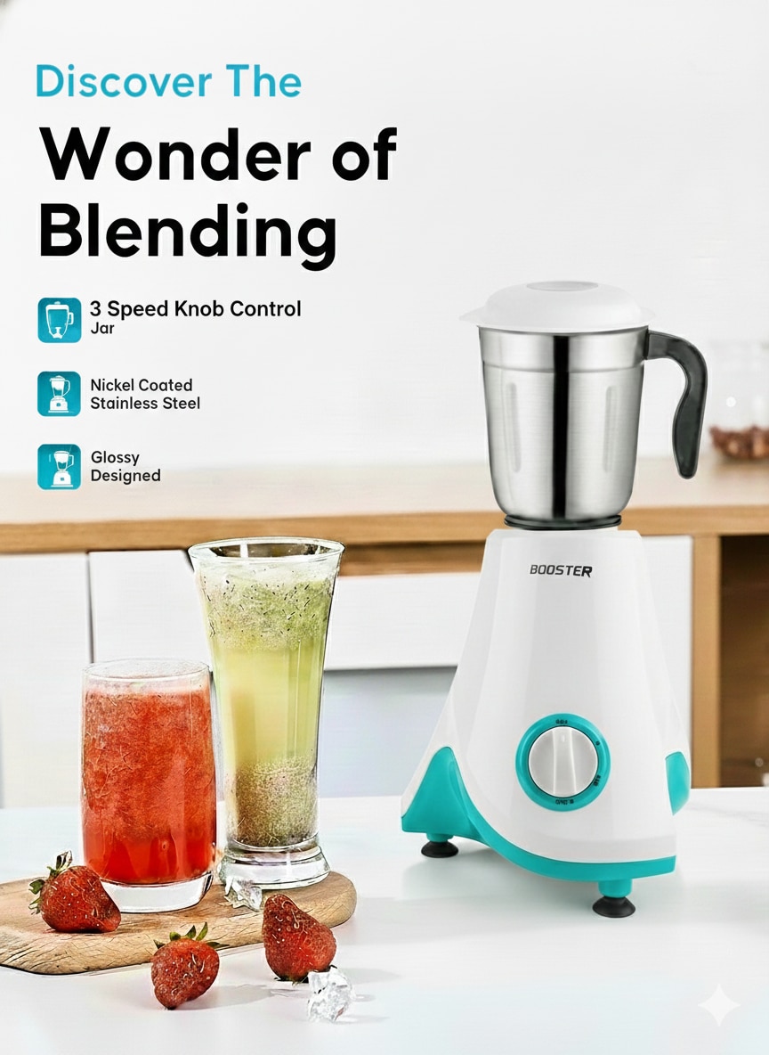 BOOSTER Powerful Juicer Mixer Grinder 750 W (Leaf_3Jar_Blue & White | 3 Jars | Blue, White) image 3