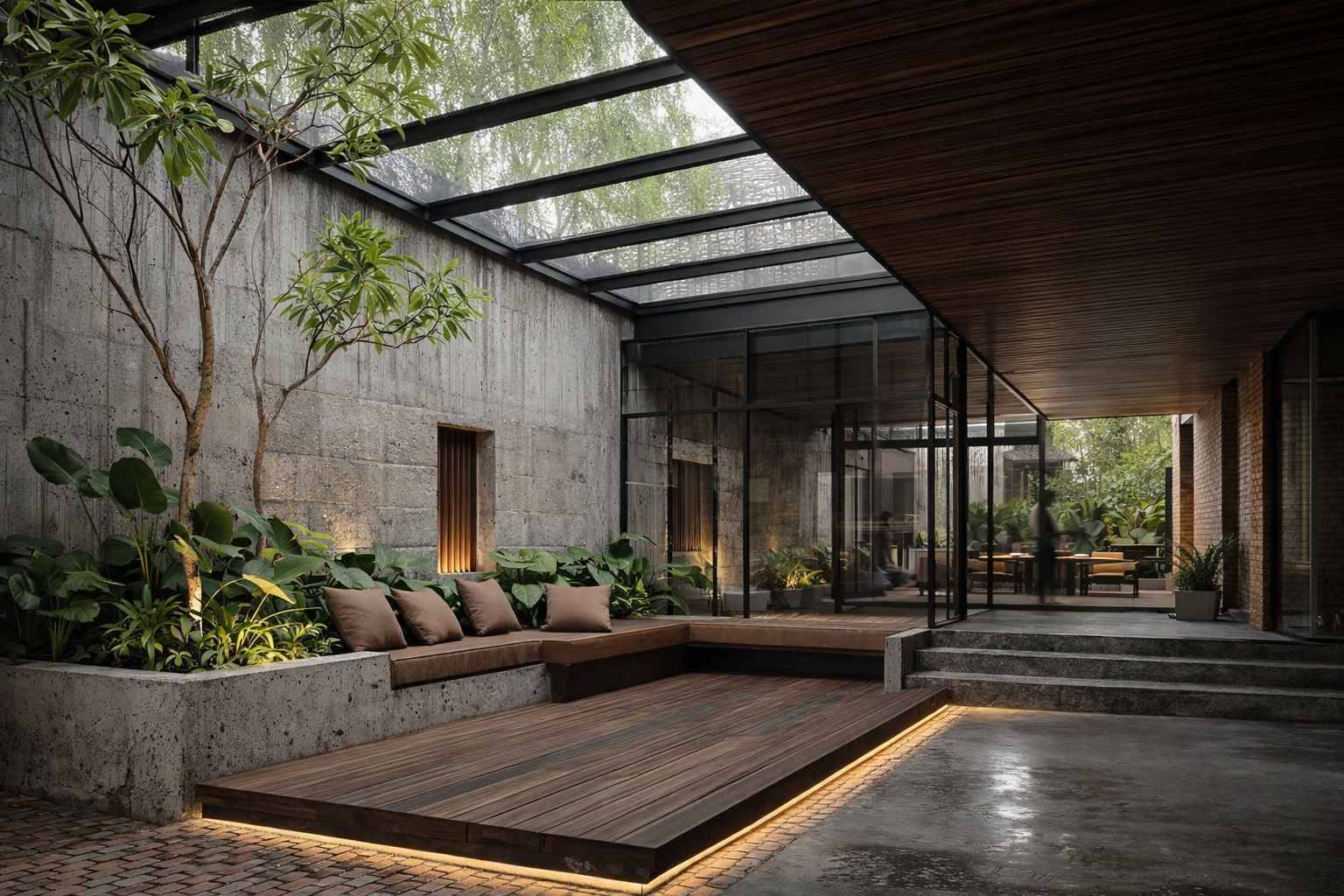 Indoor Courtyard Garden with Glass Pergola Roof – Contemporary Open-to-Sky Living Design in Chennai image 3