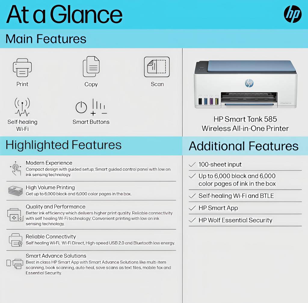 HP Smart Tank 585 Wireless All-in-One Ink Tank Printer for Home & Office | Low Cost Per Page | WiFi | Mobile Printing | High Volume Printing image 2