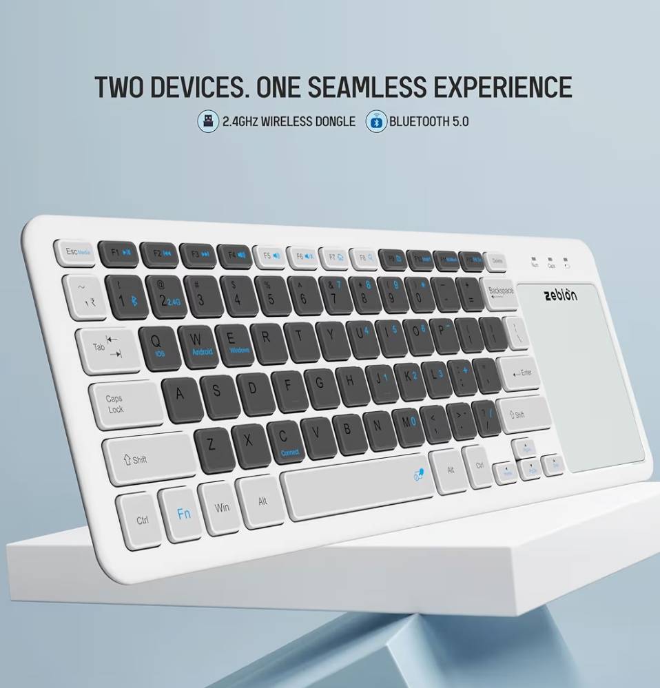 Zebion G3200 Padfusion Wireless Keyboard with Inbuilt Mouse Pad | Dual Connectivity (Bluetooth + USB Dongle) | Compatible with Android, Windows & Mac | Slim White Design | 12-Month Warranty image 3
