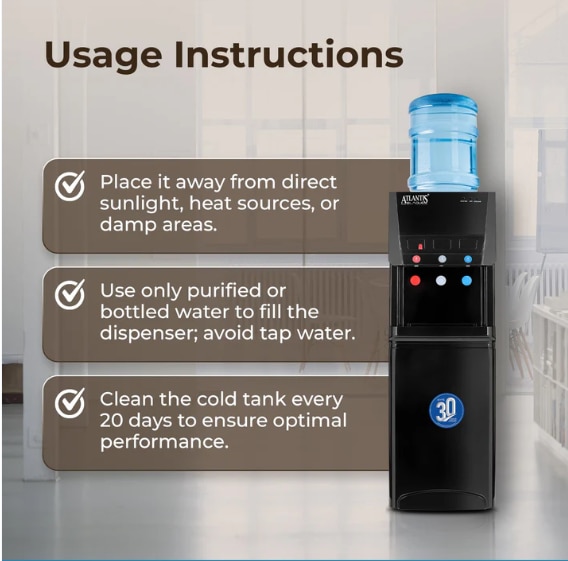ATLANTIS BLAQUE | Smart Push Buttons | Hot, Normal & Cold Water | 3L/hour Cooling Capacity | 1 Year Warranty | Child Safety Lock | Top Loading image 2