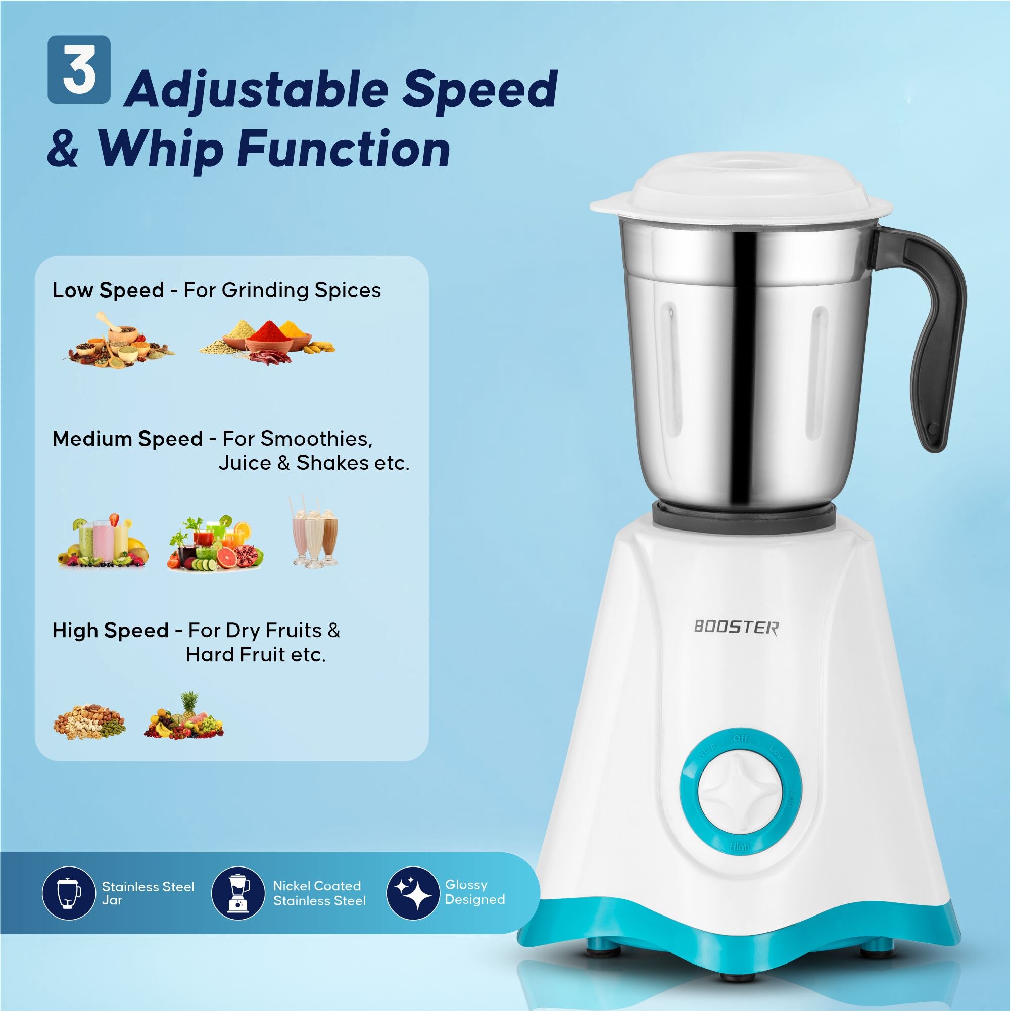 BOOSTER Powerful 550 W Juicer Mixer Grinder 550 W Juicer Mixer Grinder  (Star_Mixer | 3 Jars | White & Blue) image 4