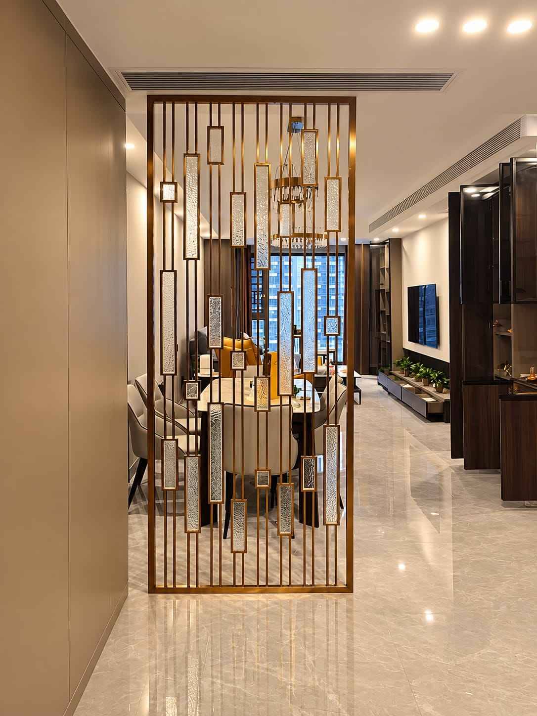 Geometric Wooden Slat Partition with Gold Accents and Integrated Planter | Porur image 2
