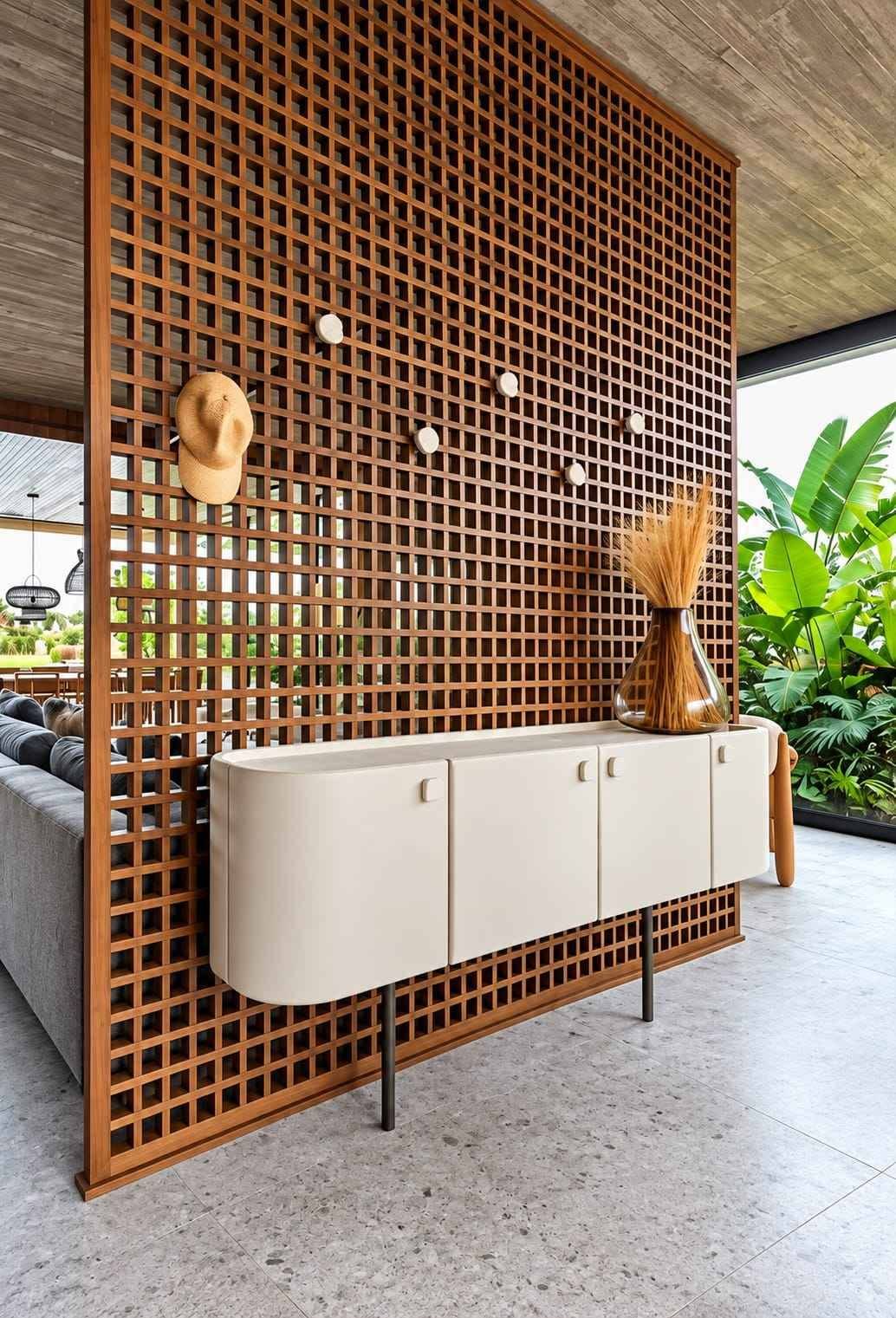 Modern Wooden and White Geometric Partition with Green Sofa Seating | Tambaram image 2