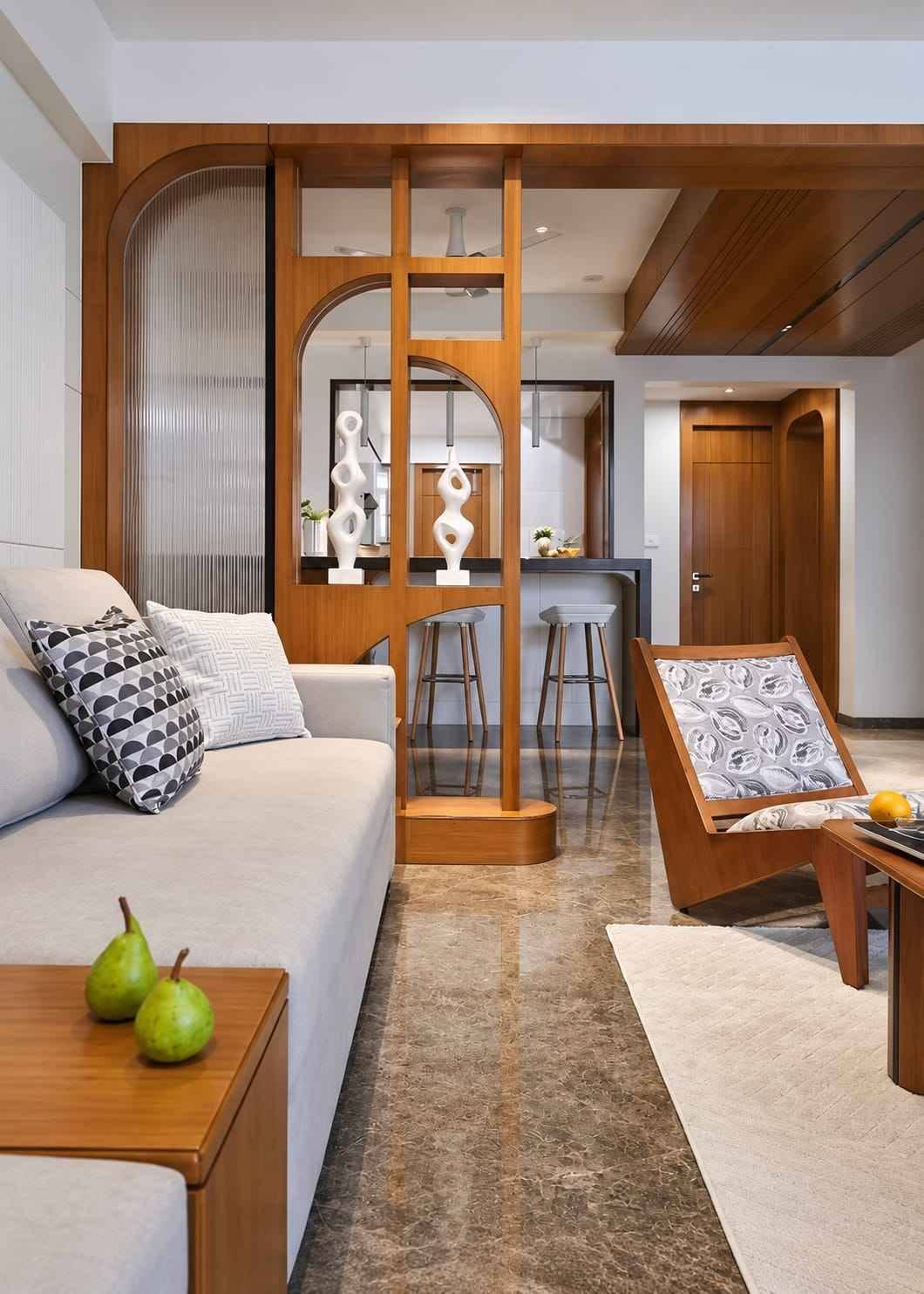 Open Plan Living Room with Wooden Slat Partition and Designer Kitchen | Adyar image 3