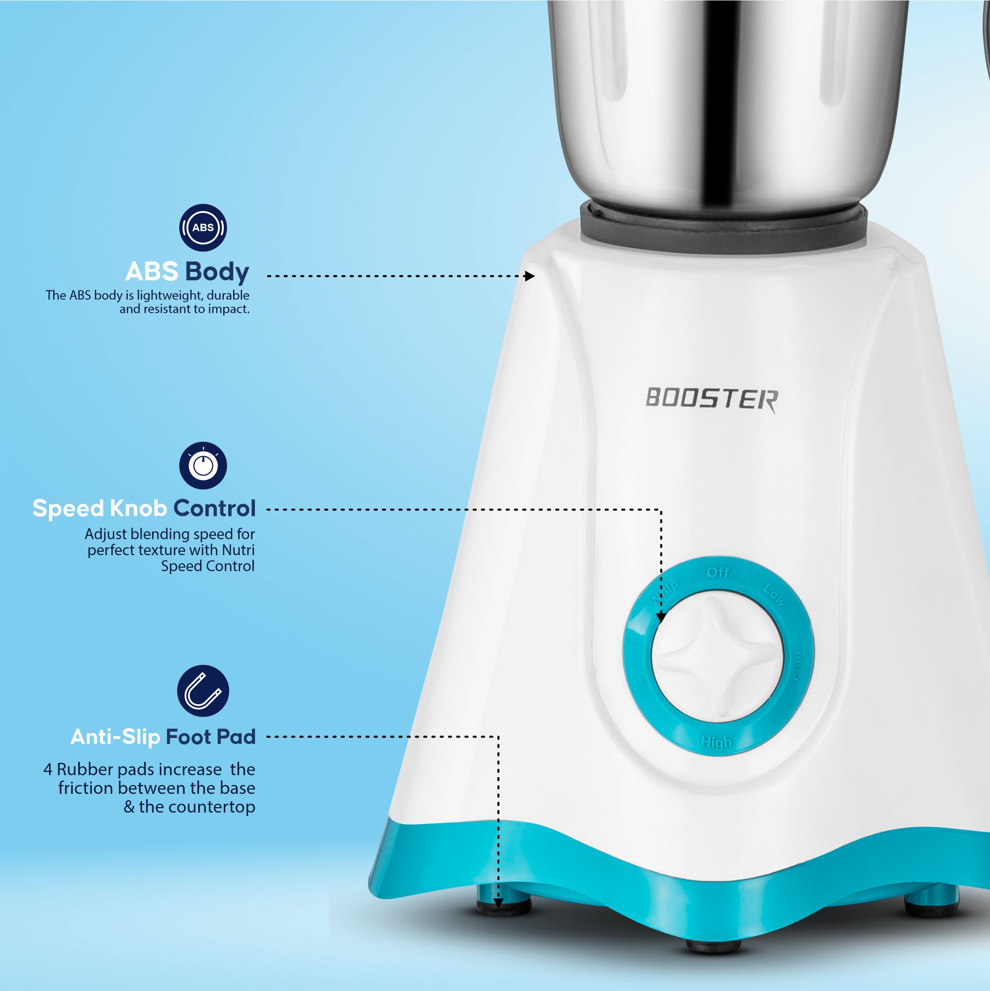 BOOSTER Powerful 550 W Juicer Mixer Grinder 550 W Juicer Mixer Grinder  (Star_Mixer | 3 Jars | White & Blue) image 5