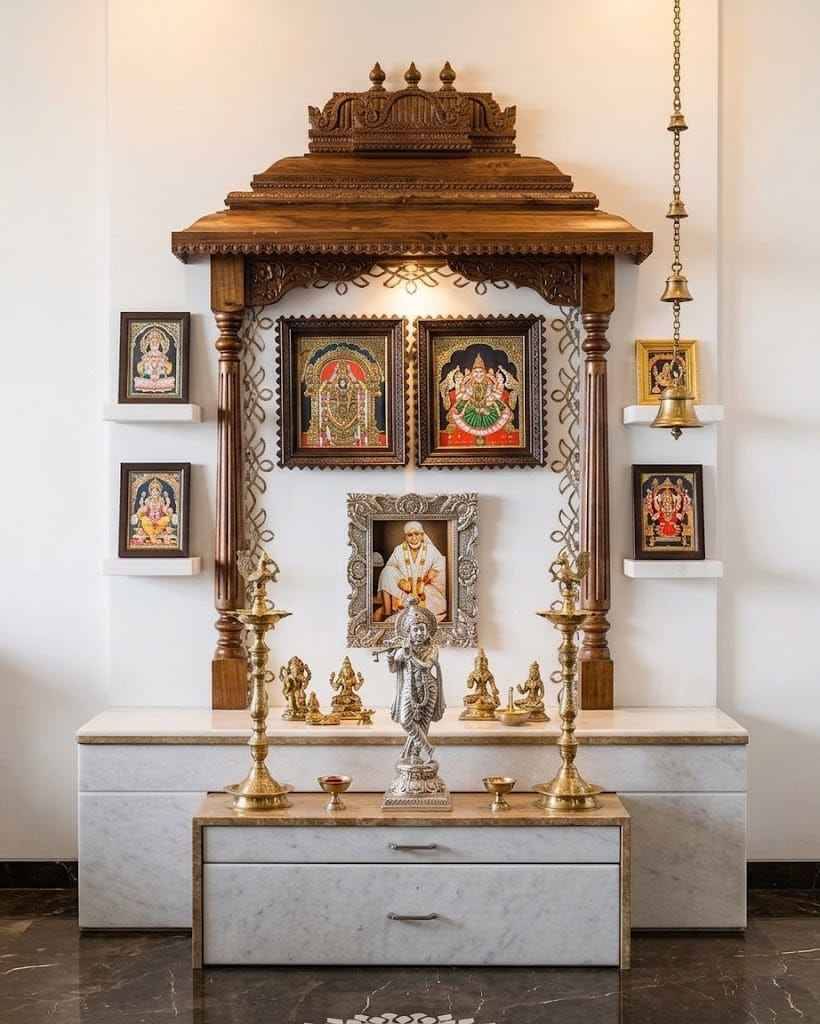 Elegant Bedroom Pooja Unit with Arched White Cabinet and Balcony Views | Velachery image 3
