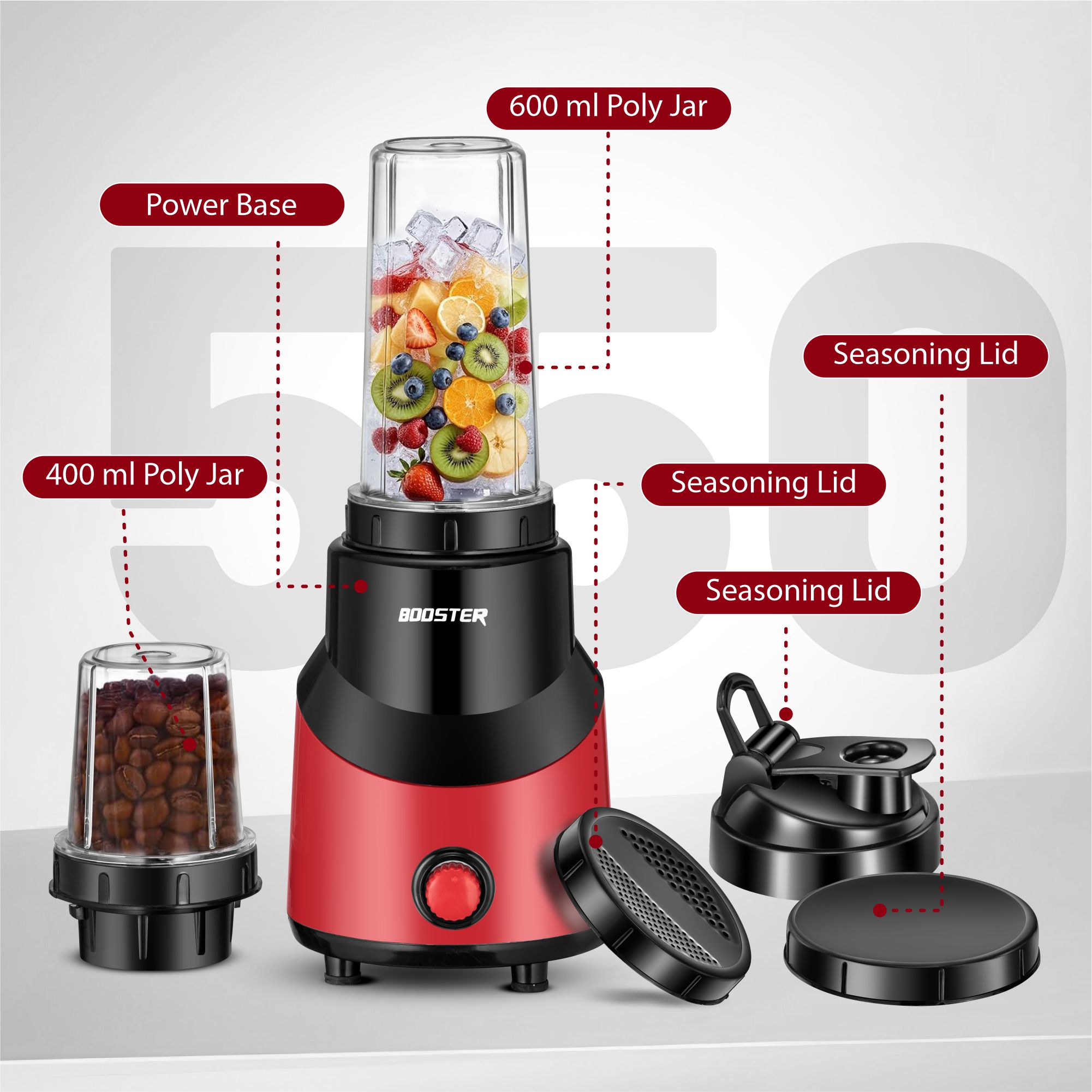 BOOSTER Powerful 550 W Juicer Mixer Grinder (Nutri_Pro | 2 Jars | Red) image 5