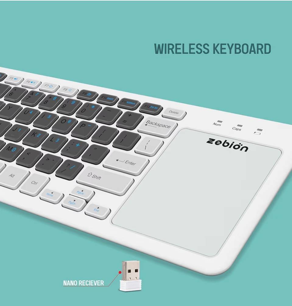 Zebion G3200 Padfusion Wireless Keyboard with Inbuilt Mouse Pad | Dual Connectivity (Bluetooth + USB Dongle) | Compatible with Android, Windows & Mac | Slim White Design | 12-Month Warranty image 4