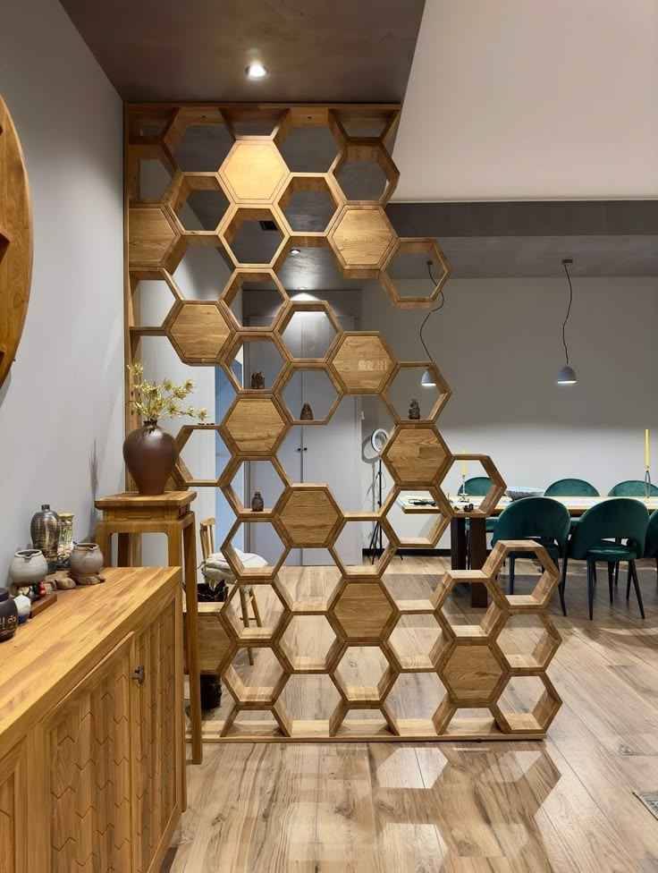 Blue Vertical Slat Partition with Decorative Rounded Panels and Wooden Frame | Adyar image 2
