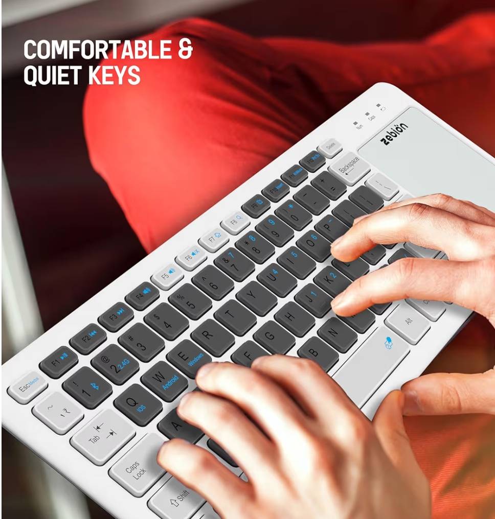 Zebion G3200 Padfusion Wireless Keyboard with Inbuilt Mouse Pad | Dual Connectivity (Bluetooth + USB Dongle) | Compatible with Android, Windows & Mac | Slim White Design | 12-Month Warranty image 2