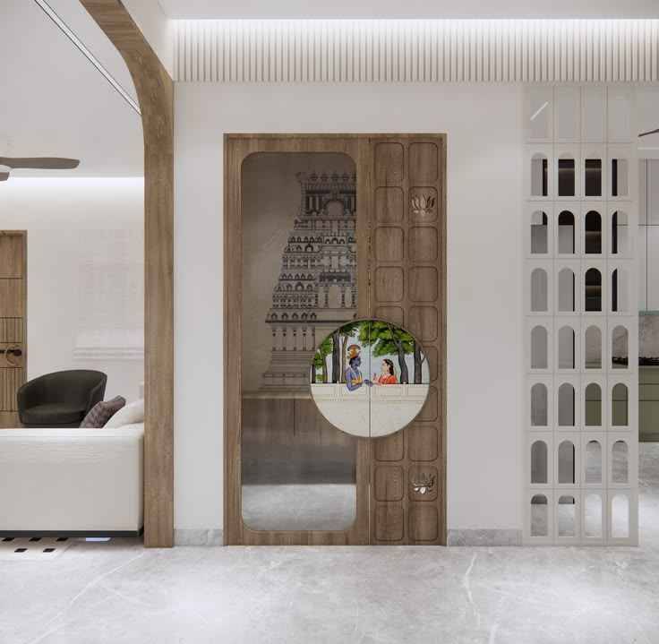 Pooja Room Design with Illuminated Arch and Fluted Wood Cabinets | Anna Nagar image 2