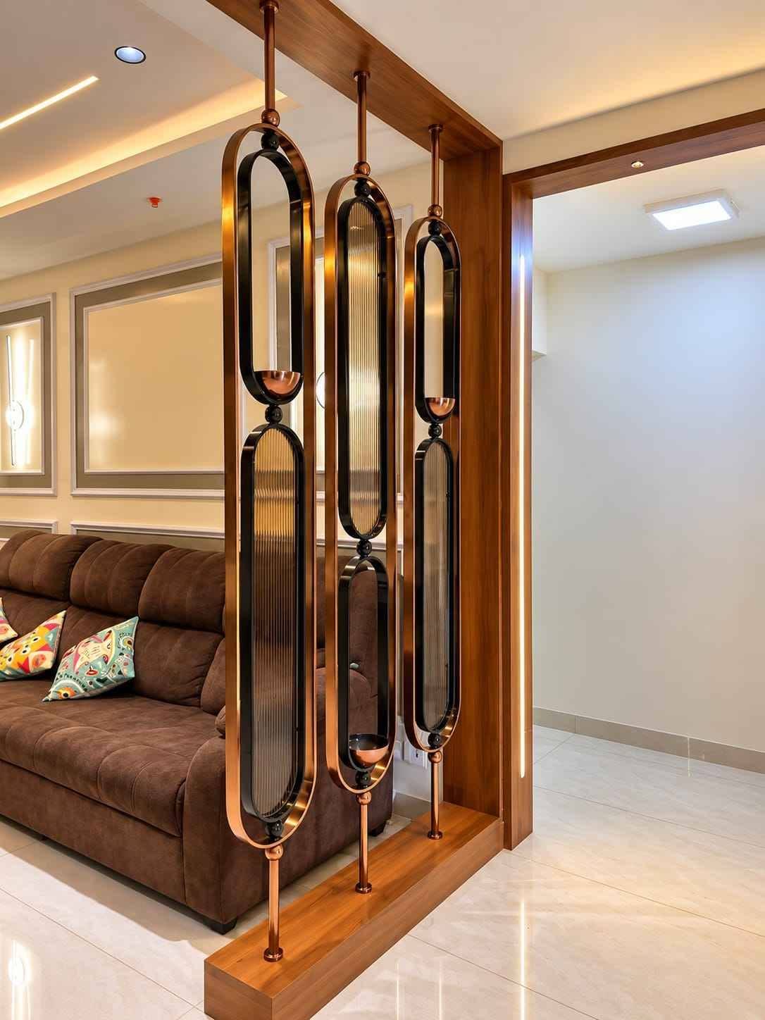 Living Room with Geometric Display Partition and Warm Ambient Lighting | Chengalpattu image 2