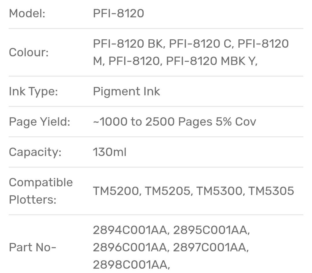 Canon PFI-8120 Genuine Plotter Ink Cartridge (MBK, M, Y, C, BK) Combo – 130ml Pigment Ink for Canon TM5200, TM5205, TM5300, TM5305 And GM Series Plotter image 2