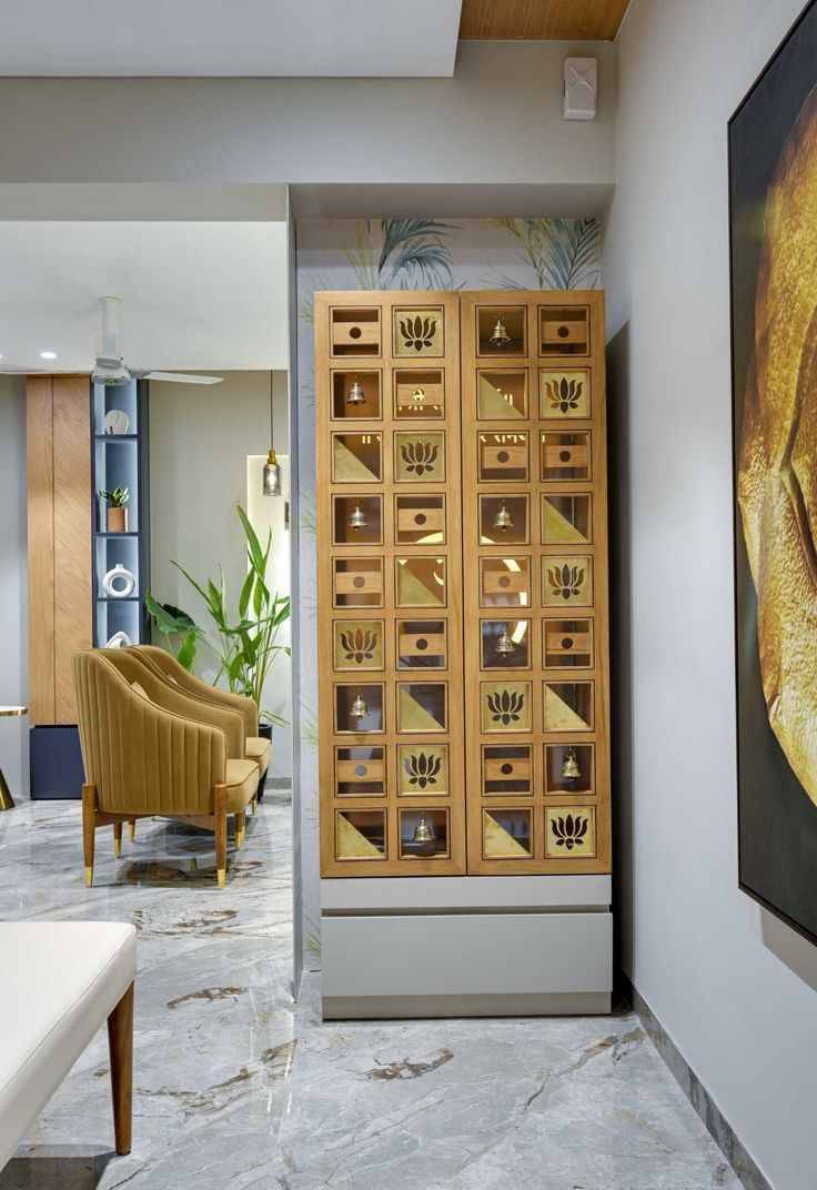 Pooja Room Design with Illuminated Arch and Fluted Wood Cabinets | Anna Nagar image 3