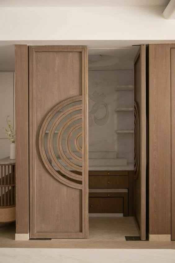 Pooja Room Design with Lotus Glass Doors and Wooden Mandir | Adyar image 2